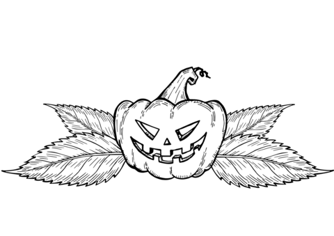 Coloring page pumpkin among the leaves